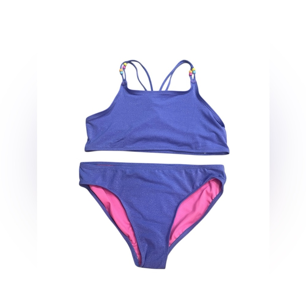 Wonder Nation Beaded Lurex Purple Metallic Bikini Swimsuit 2 Piece Girls Size XL